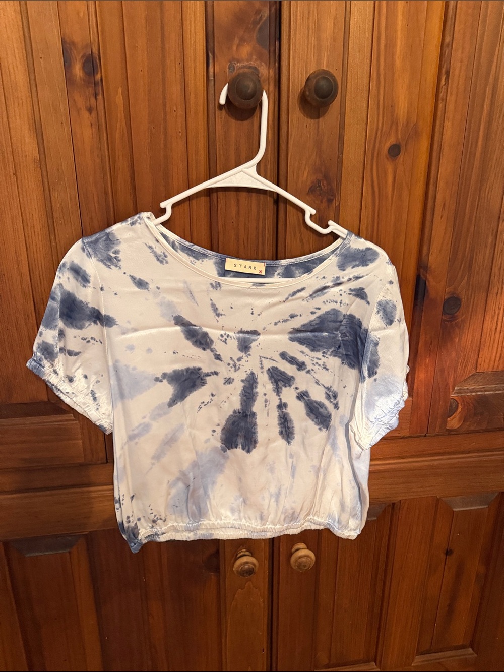 STARK White & Navy Tie-Dye silk Short Sleeve Crop Top